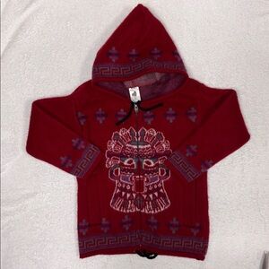 Kurl artesanias Red Hooded zip Sweater with South American Pattern unisex 4